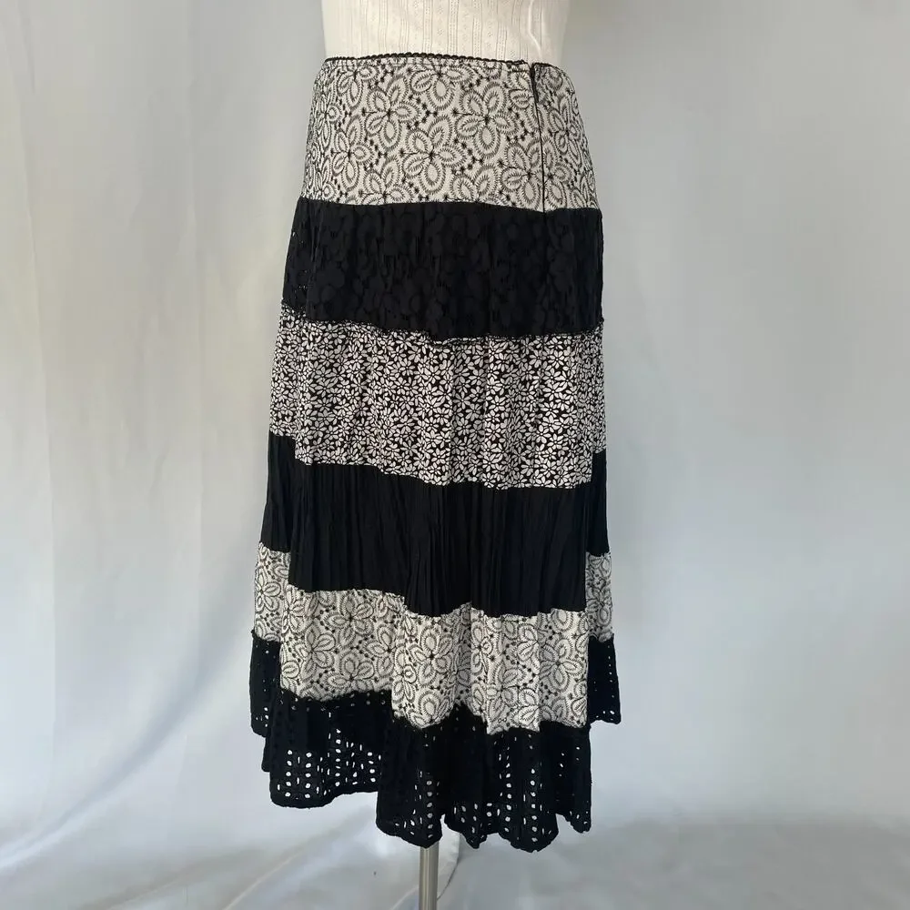 Tiered Broomstick Skirt Size Medium Black White Floral Embroidered Lace Fairy